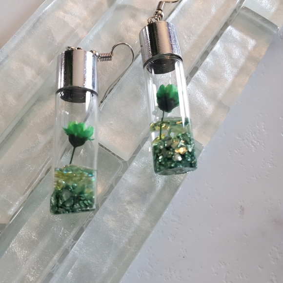 Green Wish Flowers Glass Bottle Dangle Earrings - Picture 5 of 12